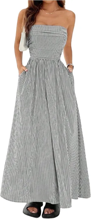 Milumia Women's Striped Strapless Maxi Dress Flared Tube Top Long Dresses with Pocket