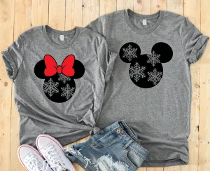 Minnie & Mickey Snowflakes Christmas T Shirts - Cute Disney Couples Shirt - Disney Matching Holiday Shirts -Christmas Disney Fan Gift Shirt