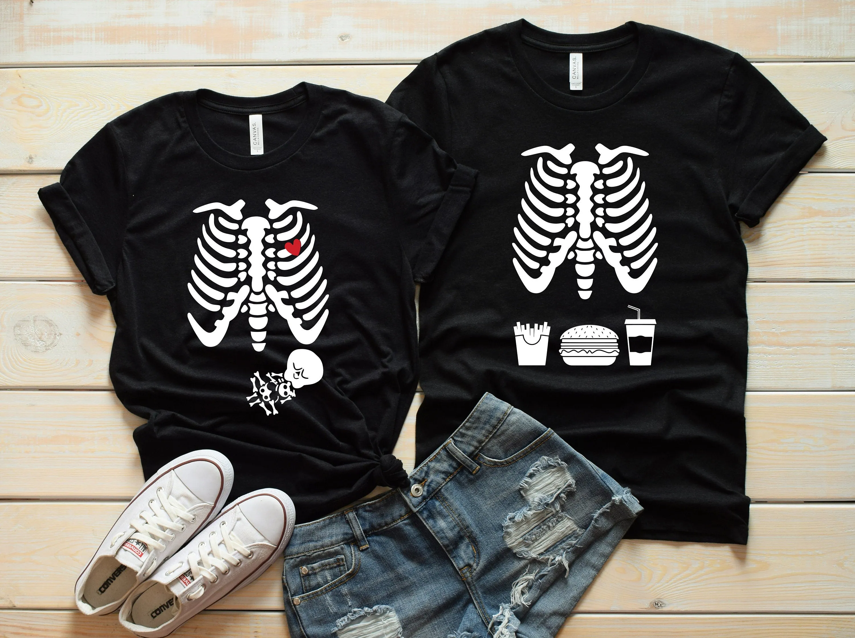 Mommy Skeleton with Baby -Daddy Skeleton with Burger and Fries - Matching Shirts - Cute Pregnancy Announcement - Parents to Be Matching