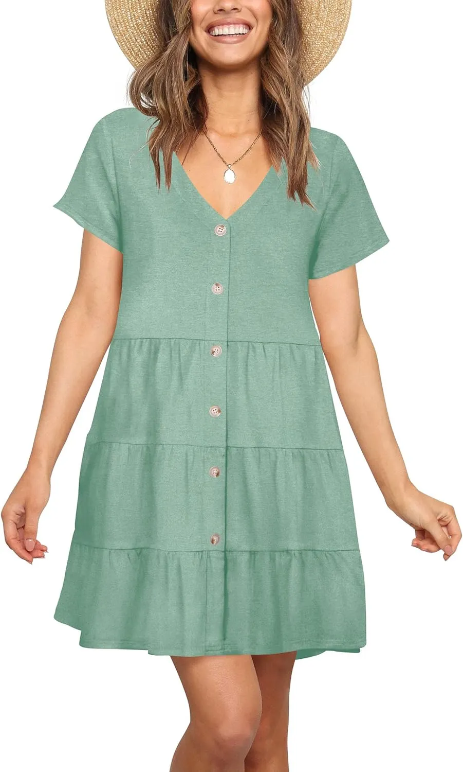 Nova In Sky Women's Summer Dresses 2025 Short Sleeve V-Neck Casual Loose Swing Button Down Casual T Shirt Dresses