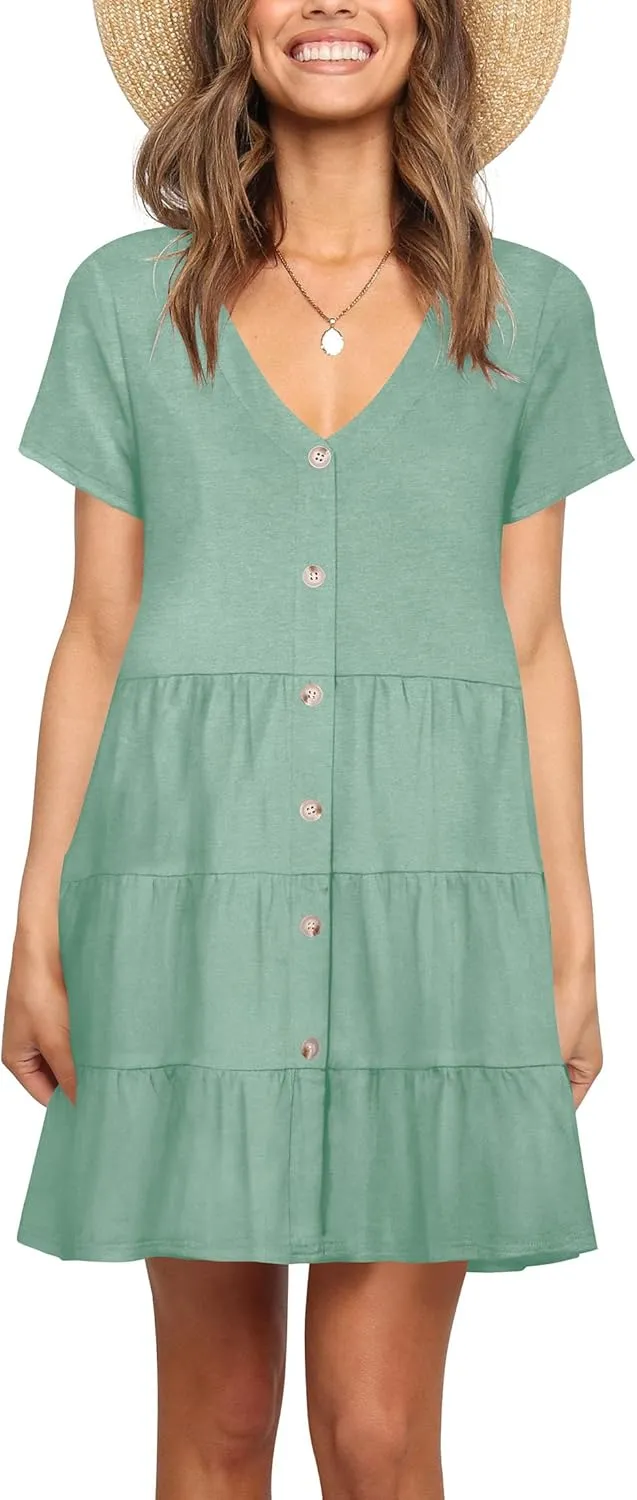 Nova In Sky Women's Summer Dresses 2025 Short Sleeve V-Neck Casual Loose Swing Button Down Casual T Shirt Dresses