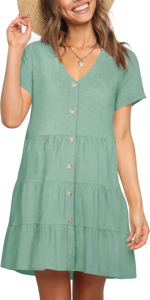 Nova In Sky Women's Summer Dresses 2025 Short Sleeve V-Neck Casual Loose Swing Button Down Casual T Shirt Dresses