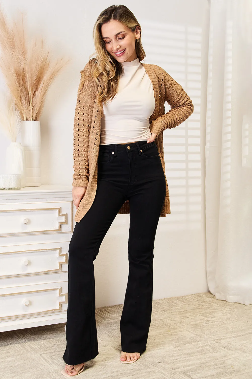 Openwork Ribbed Open Front Cardigan