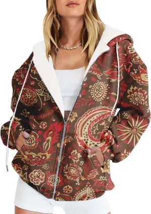 Oversized Zip Up Hoodie for Women 2024 Fall Trendy Graphic Sweatshirt Drawstring Jacket Coat with Pockets S-5XL