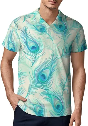 Peacock Feather Classic Polo Shirts for Men Quick Dry Short Sleeve Fit Golf Tees Casual Tops