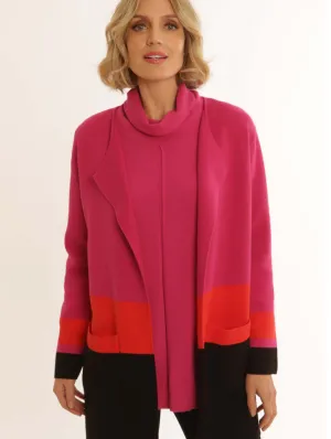 Pink Cardigan with Orange and Black Stripes and Pocket Detail
