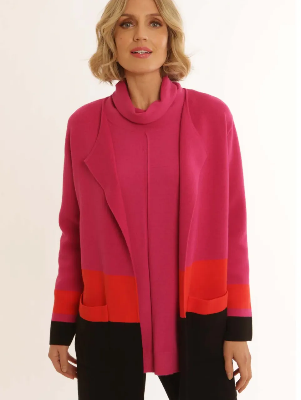 Pink Cardigan with Orange and Black Stripes and Pocket Detail