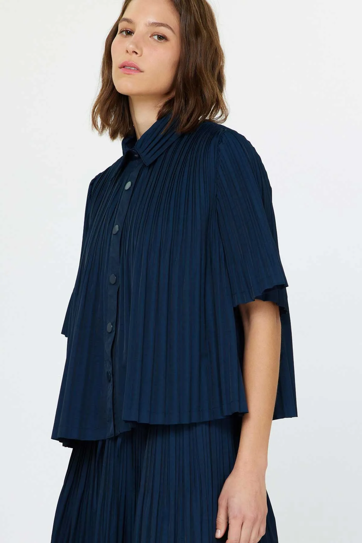 Pleated Half Sleeve Button Down