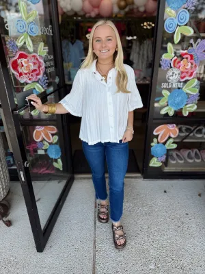 Pleated Half Sleeve Button Down