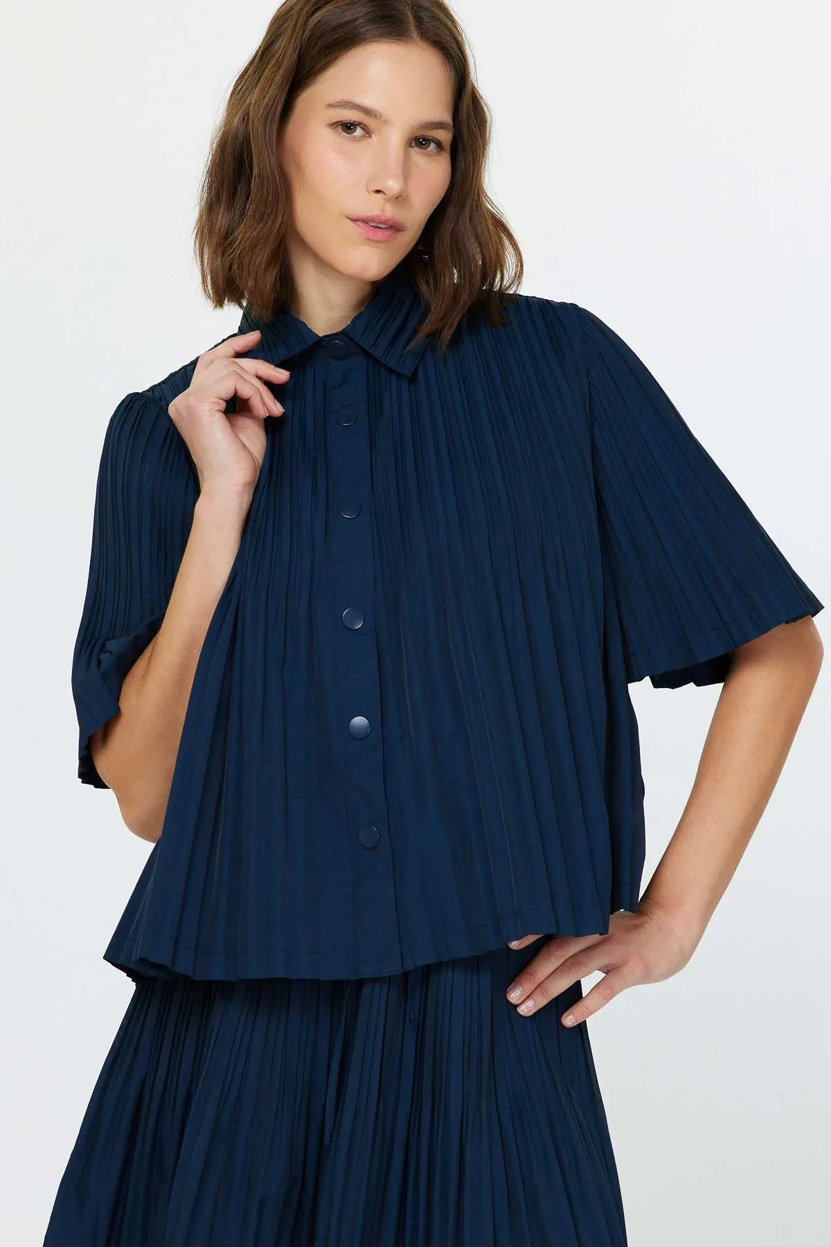 Pleated Half Sleeve Button Down
