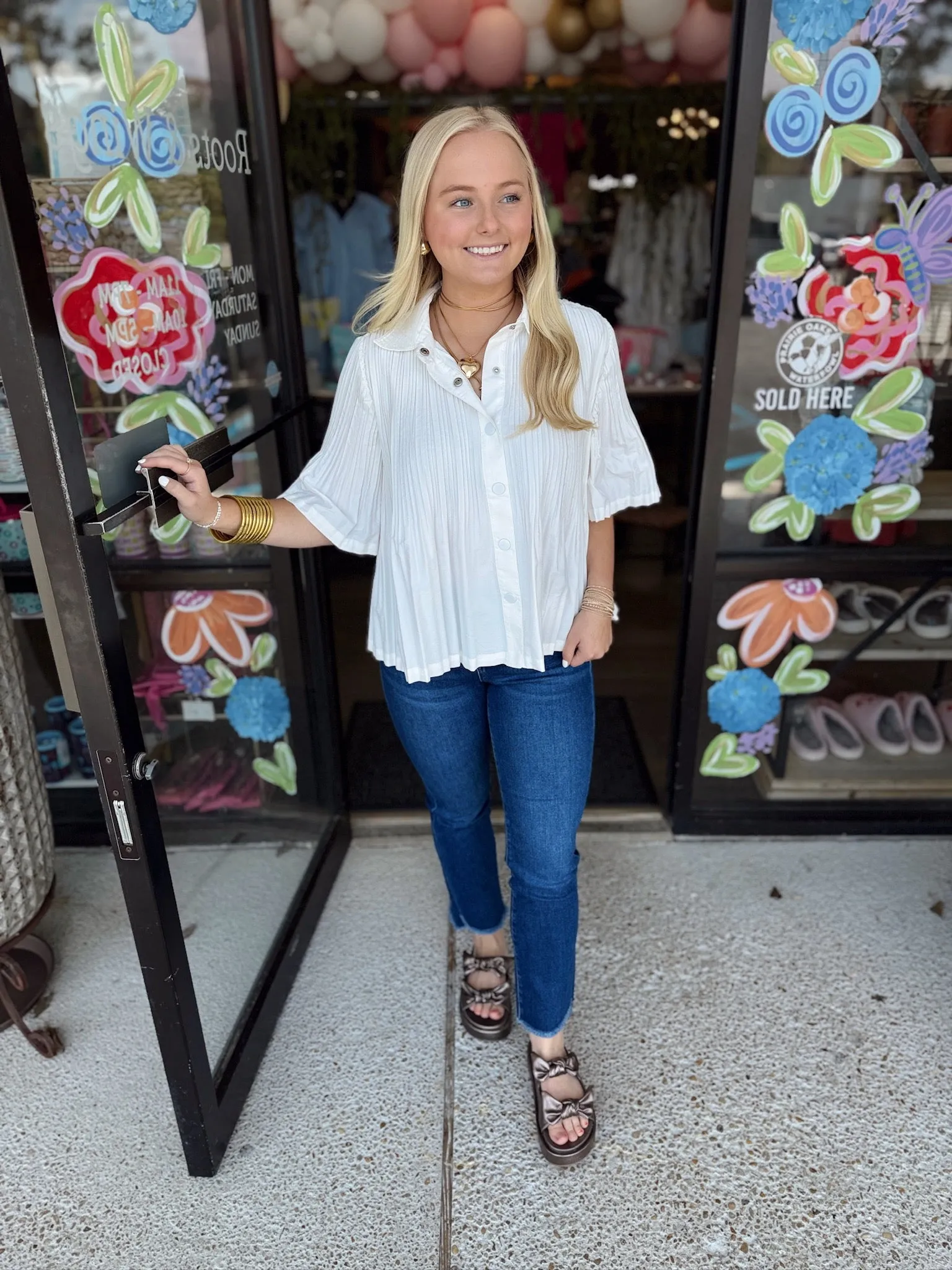 Pleated Half Sleeve Button Down