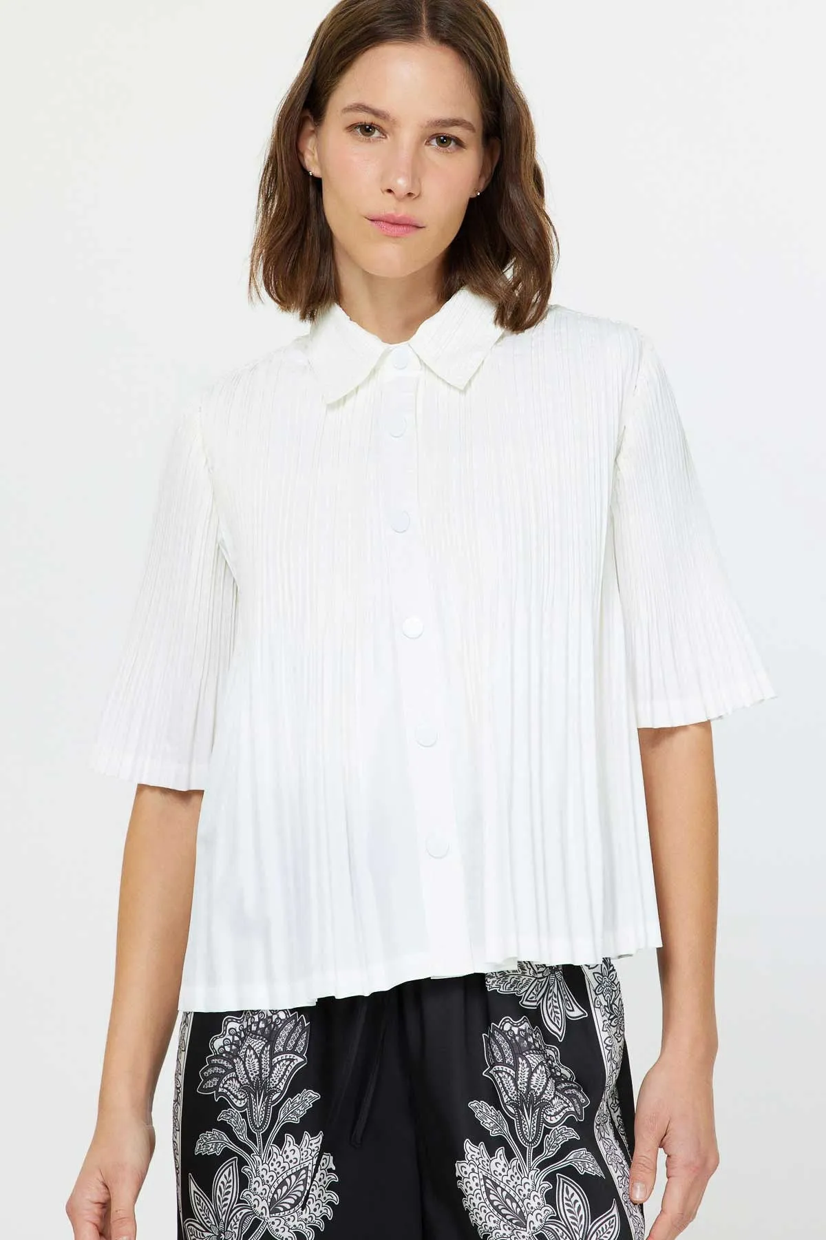 Pleated Half Sleeve Button Down