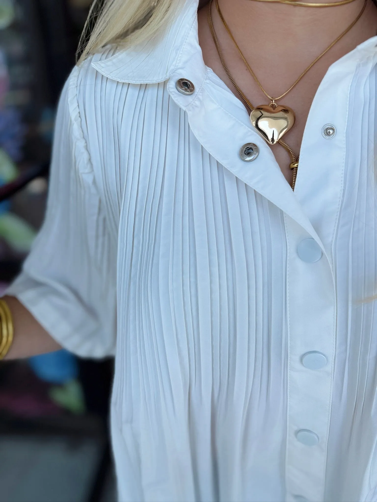 Pleated Half Sleeve Button Down