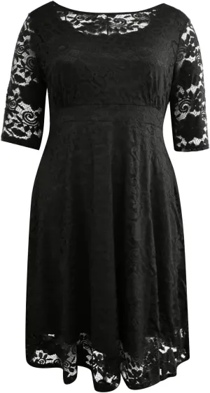 Plus Size Dresses for Curvy Women,2025 Elegant Lace Patchwork Cocktail Dress,Crewneck 3/4 Sleeve Midi Party Dress