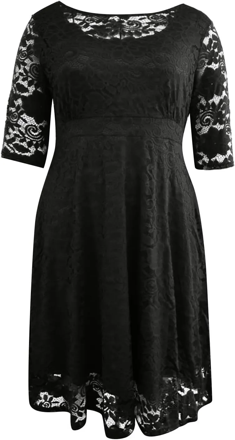 Plus Size Dresses for Curvy Women,2025 Elegant Lace Patchwork Cocktail Dress,Crewneck 3/4 Sleeve Midi Party Dress