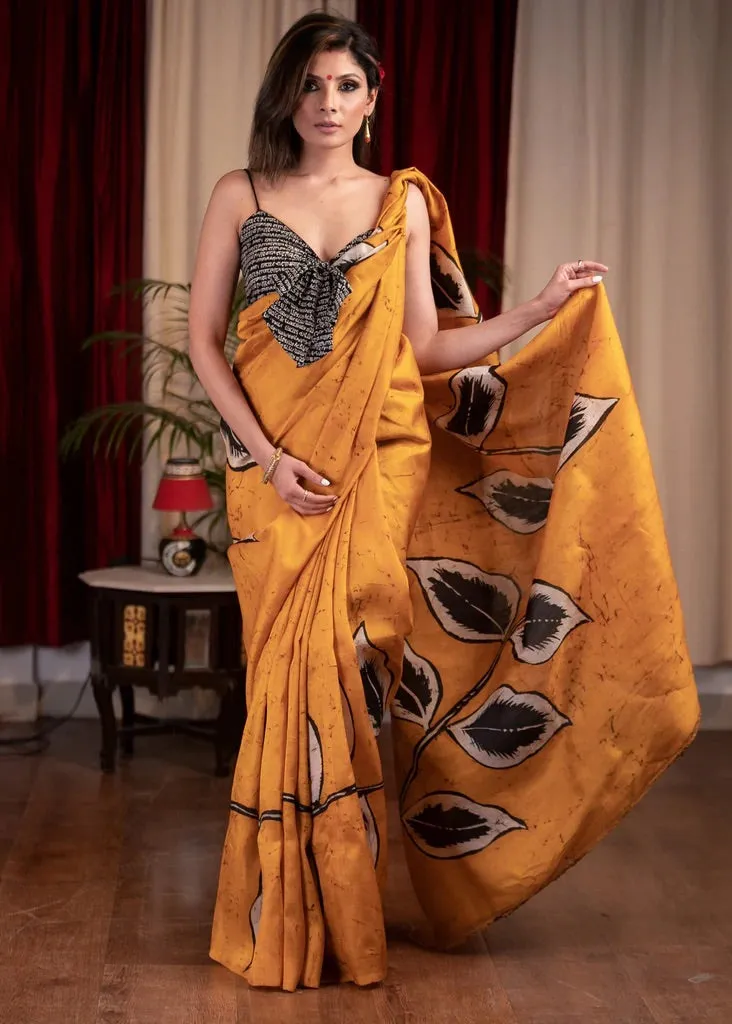 PURE SILK HAND BATIK MUSTARD YELLOW SAREE WITH WARLI DESIGN MOTIFS