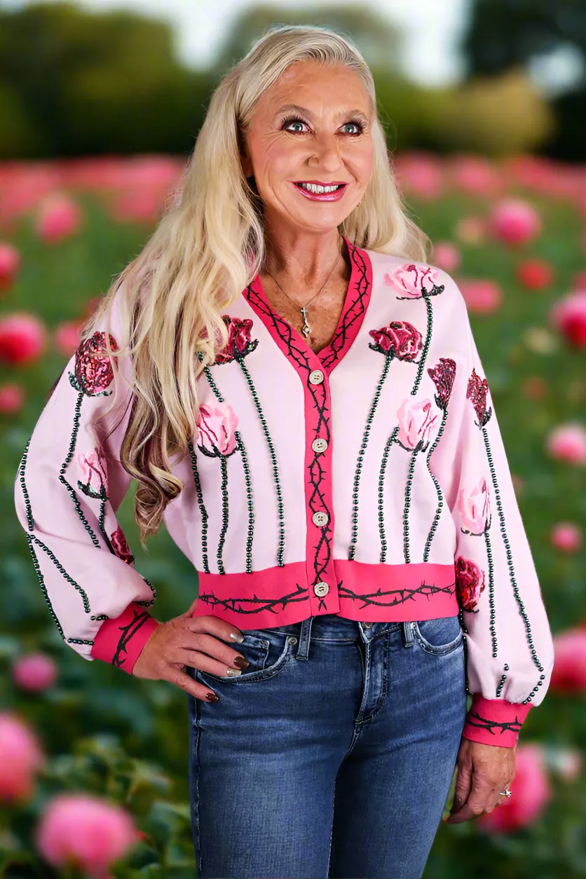 Queen Of Sparkles Light Pink Long Stem Rose Cardigan