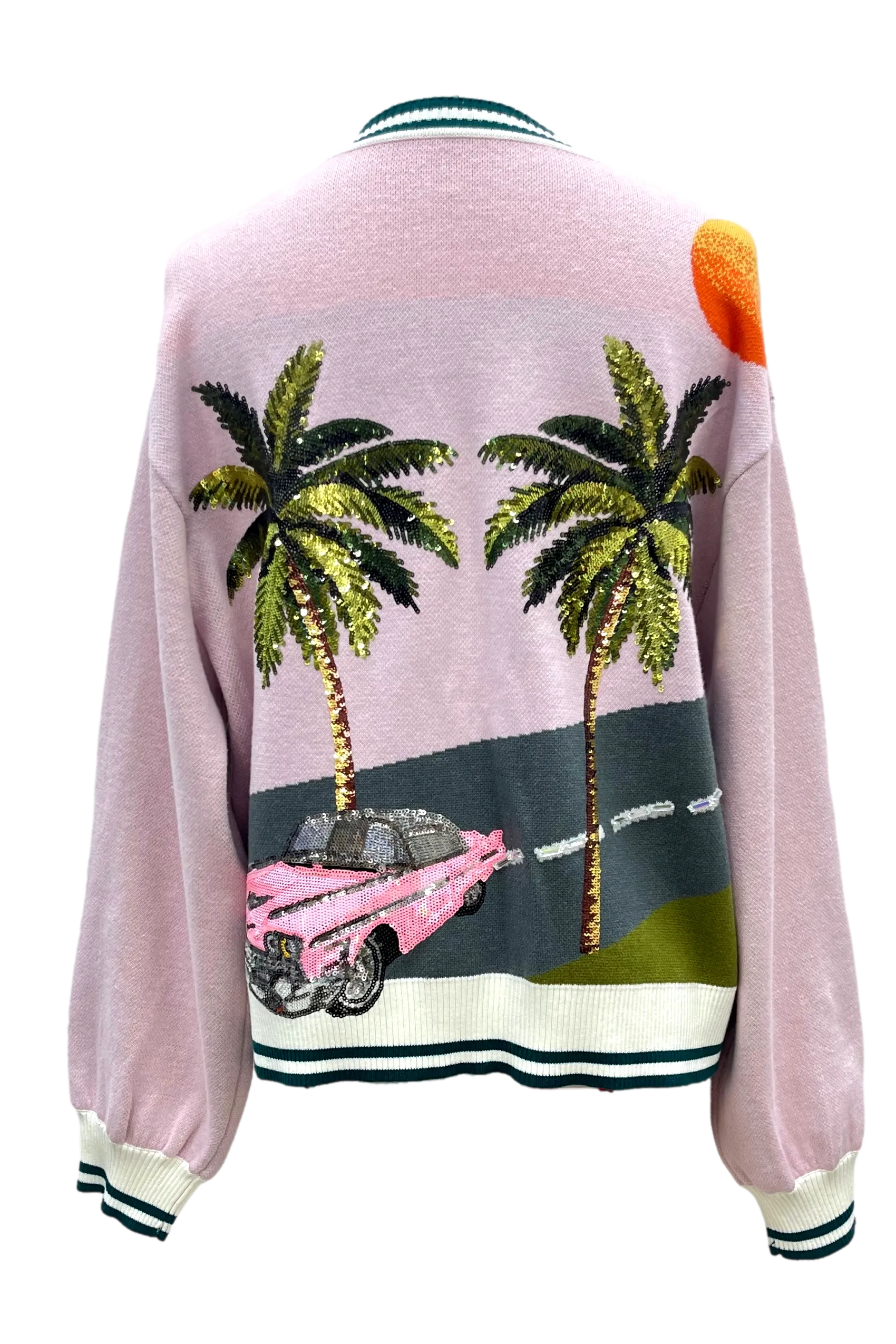 Queen of Sparkles Light Pink Vintage Car & Palm Tree Sequin Cardigan