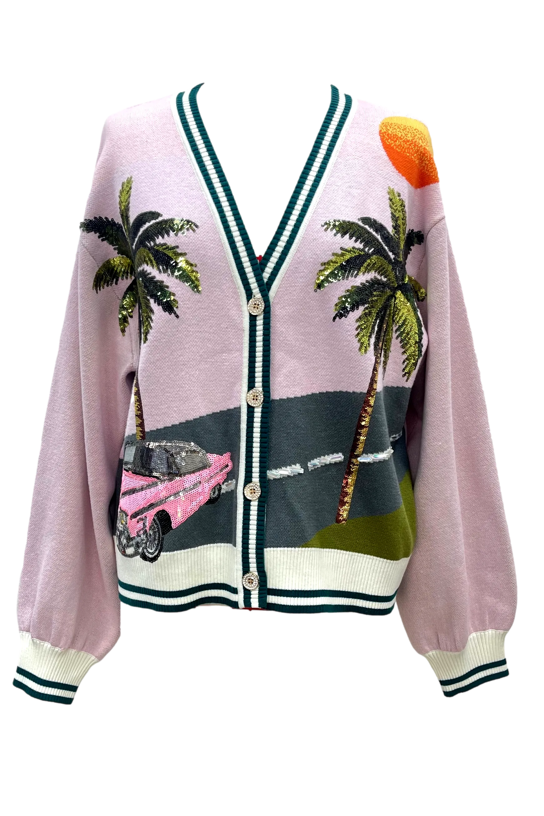 Queen of Sparkles Light Pink Vintage Car & Palm Tree Sequin Cardigan