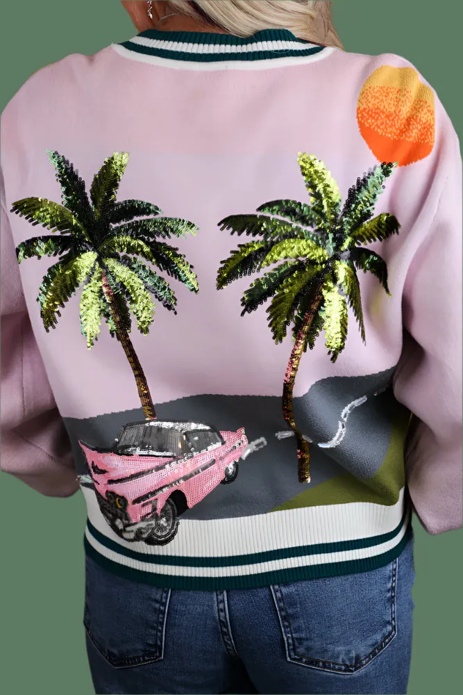 Queen of Sparkles Light Pink Vintage Car & Palm Tree Sequin Cardigan