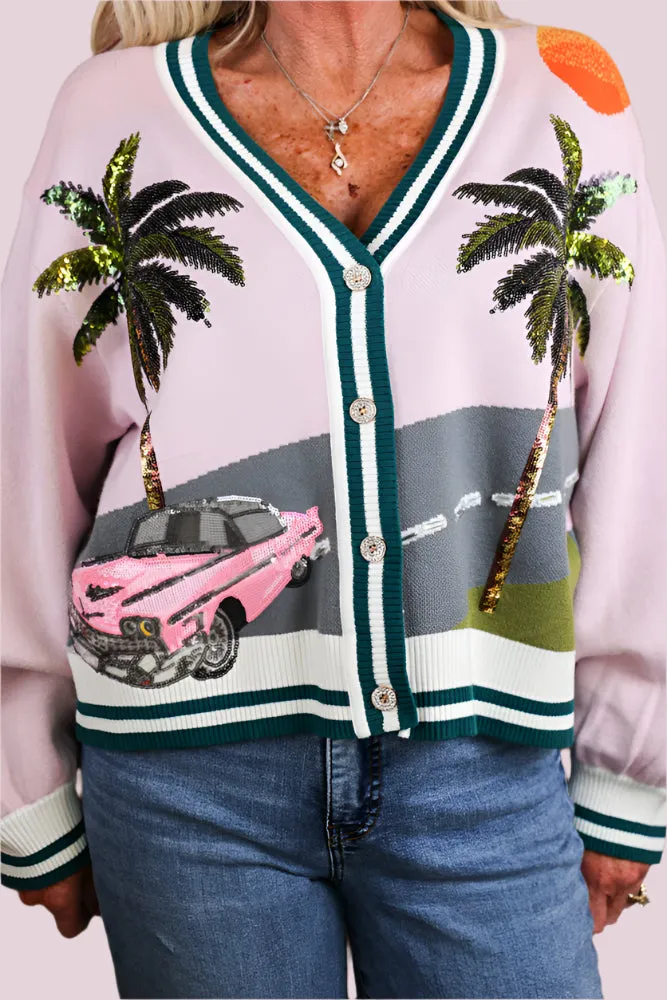 Queen of Sparkles Light Pink Vintage Car & Palm Tree Sequin Cardigan
