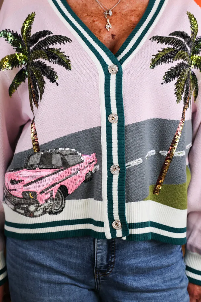 Queen of Sparkles Light Pink Vintage Car & Palm Tree Sequin Cardigan