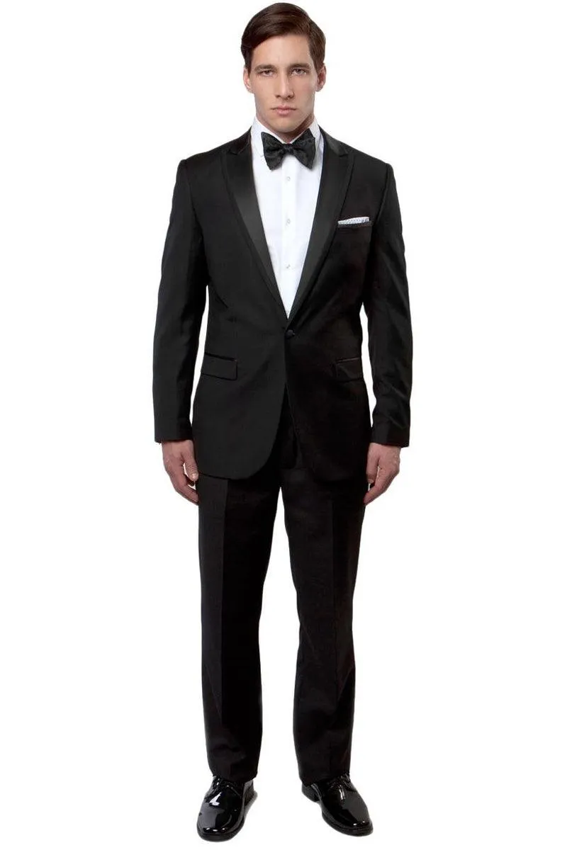 "Elegant Black Tuxedo for Prom and Weddings: Bryan Michaels Men's Satin Peak Lapel Trim-Fit Suit"