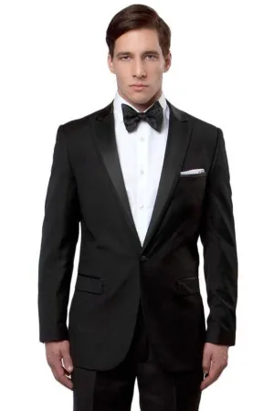 "Elegant Black Tuxedo for Prom and Weddings: Bryan Michaels Men's Satin Peak Lapel Trim-Fit Suit"