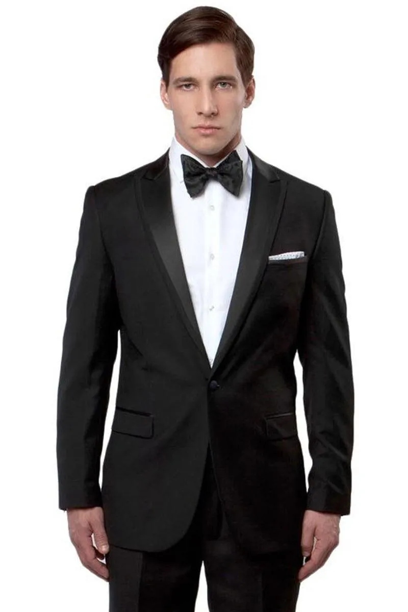 "Elegant Black Tuxedo for Prom and Weddings: Bryan Michaels Men's Satin Peak Lapel Trim-Fit Suit"