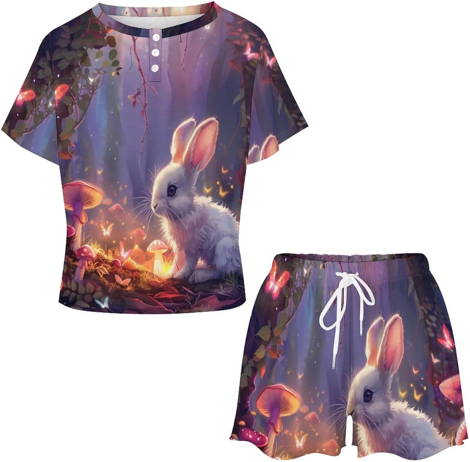 Rabbit Women's Pajama Sets Short Sleeve Shirt And Shorts Cozy Sleepwear Loungewear Pjs
