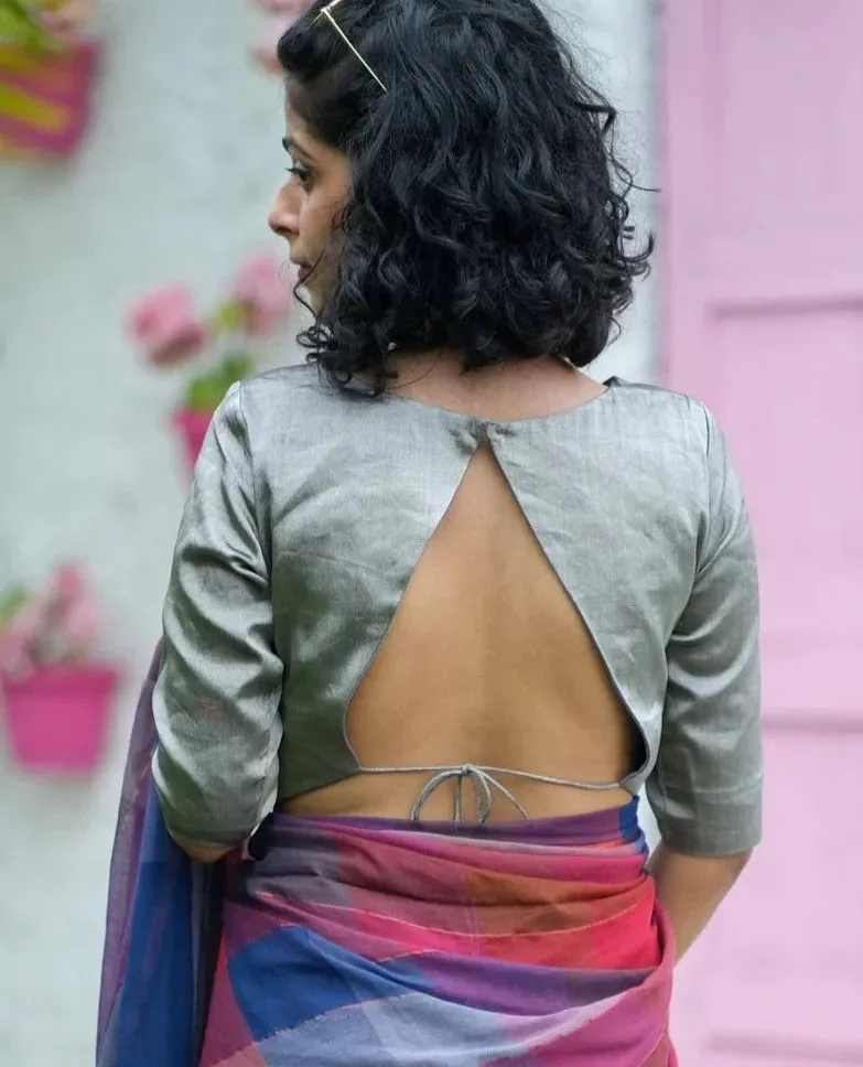 Readymade Stunning Silver Blouse Made of Handloom Chanderi Silk & Zari