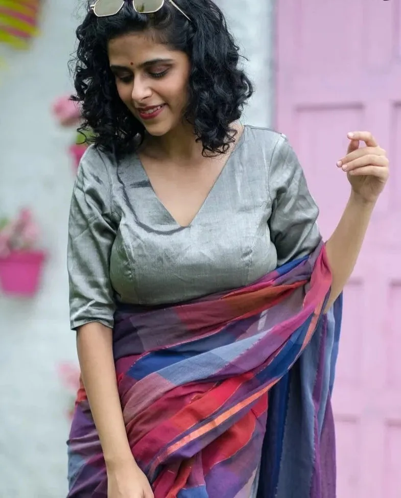 Readymade Stunning Silver Blouse Made of Handloom Chanderi Silk & Zari