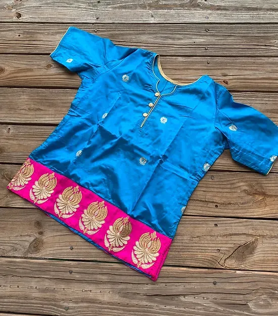 Readymade Turquoise Blue and Magenta Pure Banarasi Silk Waist Length Blouse