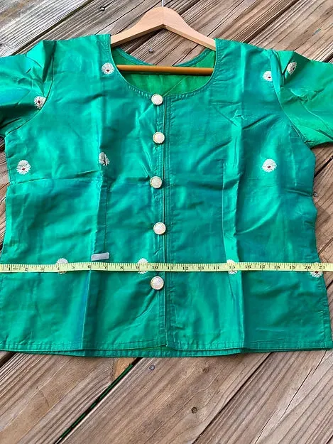 Readymade Turquoise Blue and Magenta Pure Banarasi Silk Waist Length Blouse