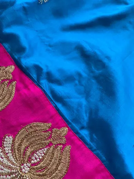 Readymade Turquoise Blue and Magenta Pure Banarasi Silk Waist Length Blouse