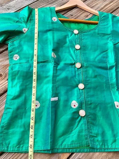 Readymade Turquoise Blue and Magenta Pure Banarasi Silk Waist Length Blouse
