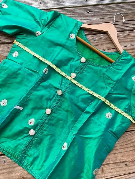 Readymade Turquoise Blue and Magenta Pure Banarasi Silk Waist Length Blouse