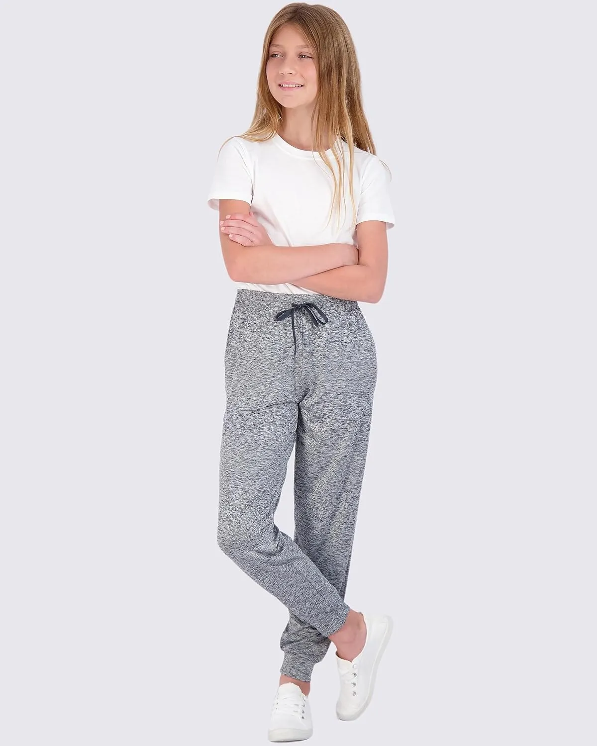 Real Essentials 3 Pack: Girls' Dry-Fit Jogger Sweatpants Soft Active Athletic Kids Joggers with Pockets & Drawstring
