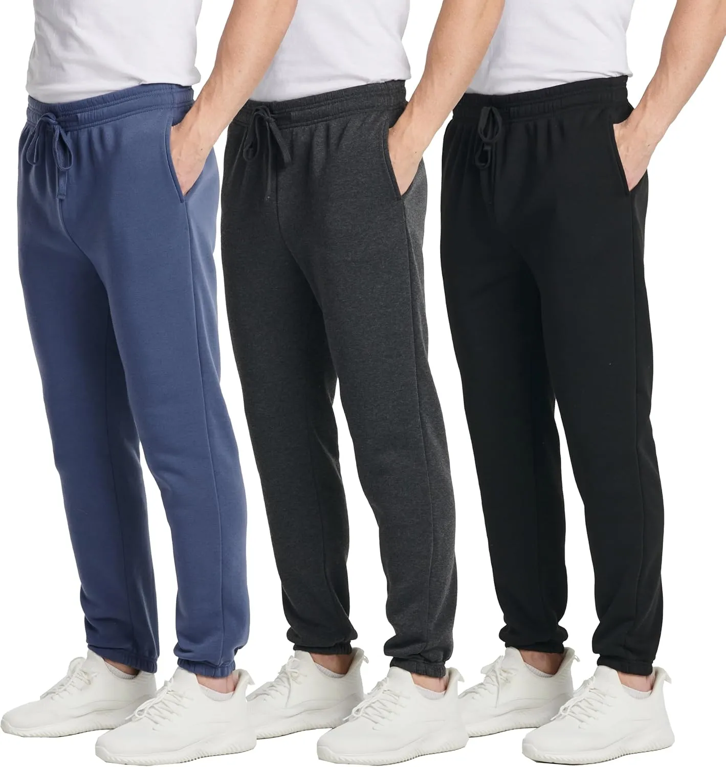 Real Essentials 3 Pack: Men's Fleece Elastic Bottom Jogger Sweatpants with Pockets (Available in Big & Tall)