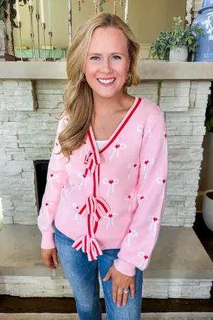 Red Heart Coquette Bow Pink Cardigan Sweater