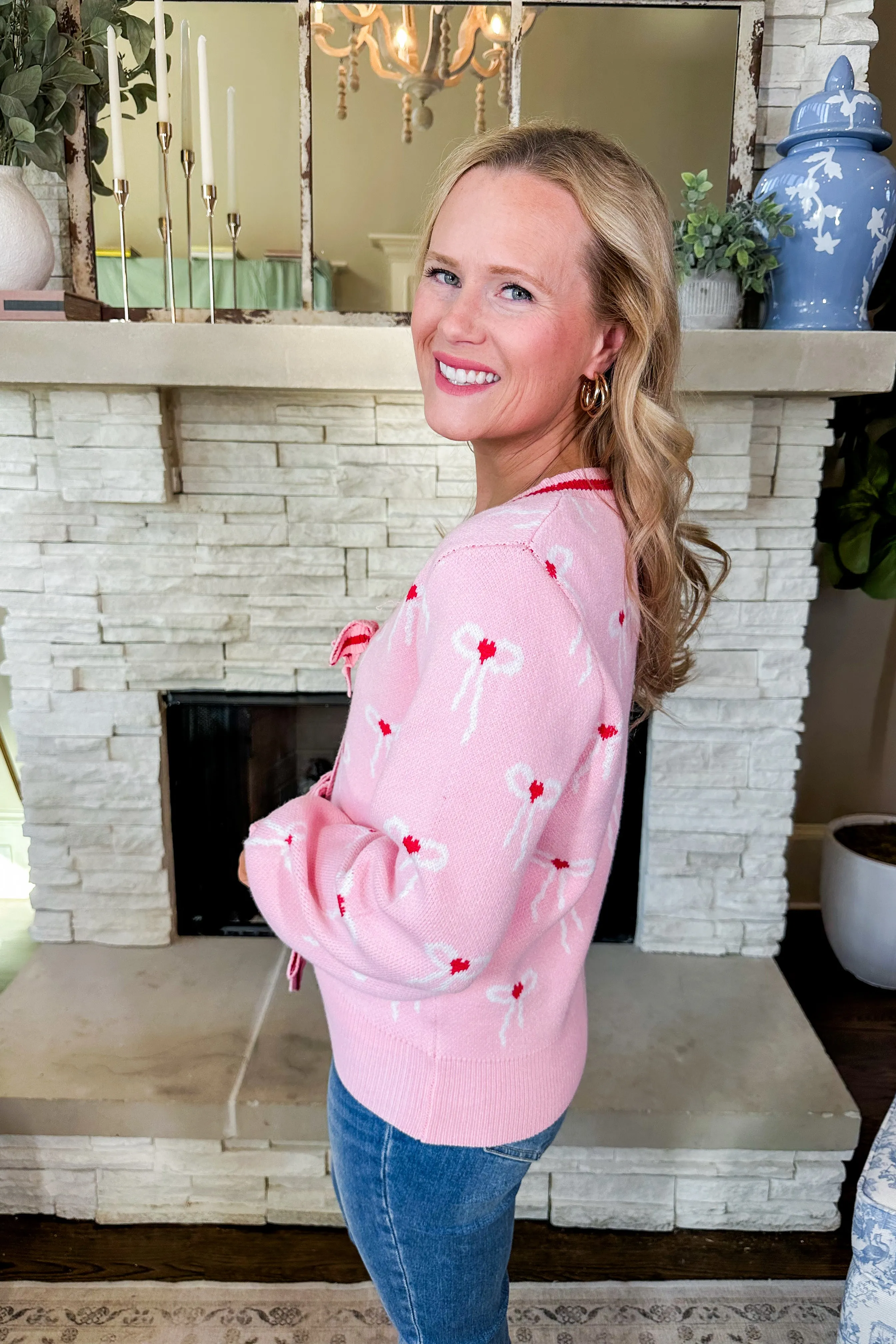 Red Heart Coquette Bow Pink Cardigan Sweater