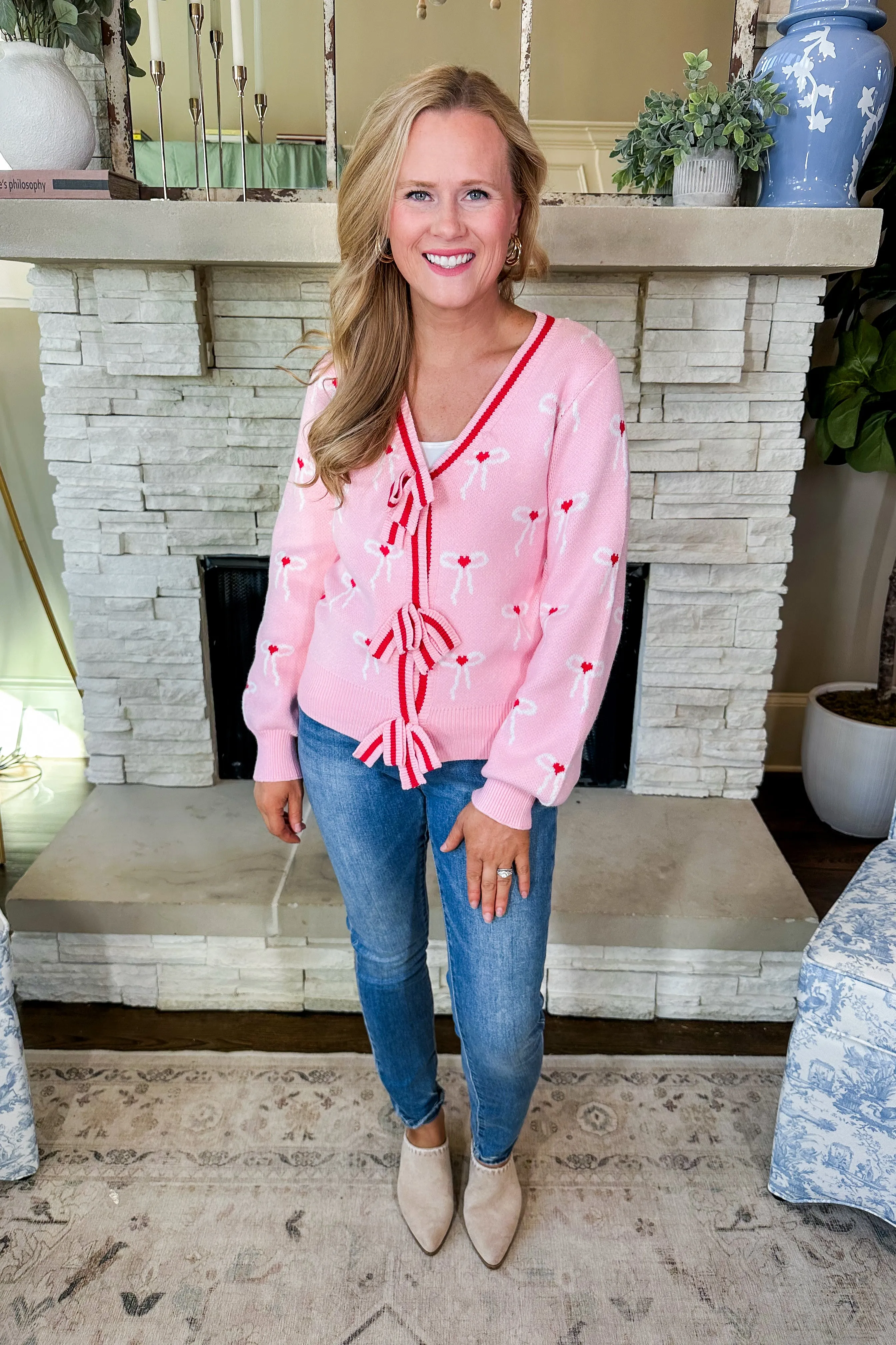 Red Heart Coquette Bow Pink Cardigan Sweater