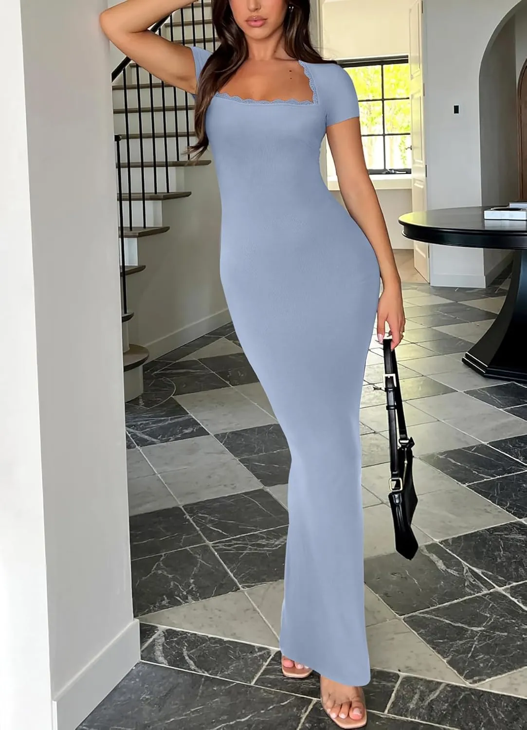 REORIA Womens Summer Square Neck Short Sleeve Long Dress Formal Wedding Guest Elegant Ribbed Bodycon Maxi Dresses