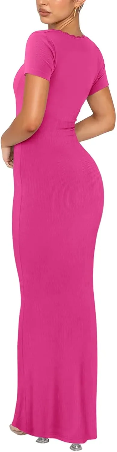 REORIA Womens Summer Square Neck Short Sleeve Long Dress Formal Wedding Guest Elegant Ribbed Bodycon Maxi Dresses