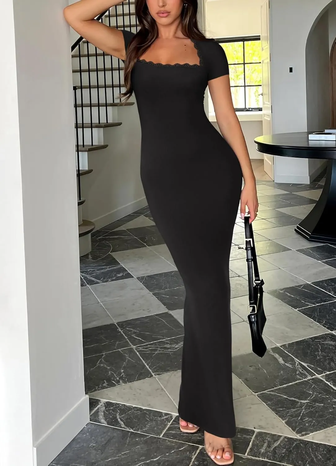 REORIA Womens Summer Square Neck Short Sleeve Long Dress Formal Wedding Guest Elegant Ribbed Bodycon Maxi Dresses