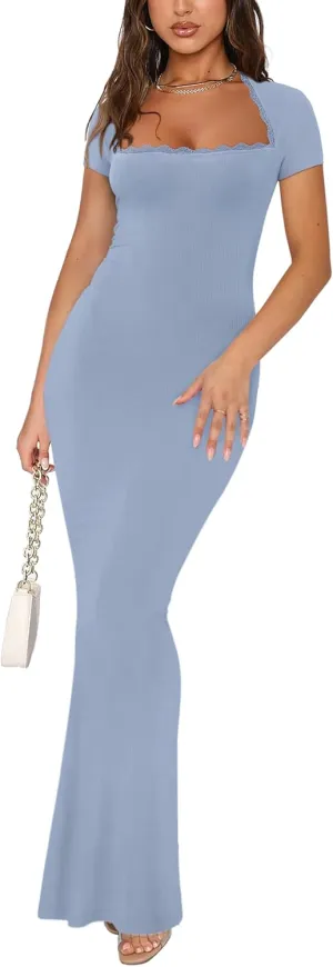 REORIA Womens Summer Square Neck Short Sleeve Long Dress Formal Wedding Guest Elegant Ribbed Bodycon Maxi Dresses