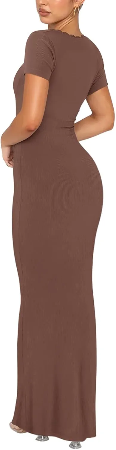 REORIA Womens Summer Square Neck Short Sleeve Long Dress Formal Wedding Guest Elegant Ribbed Bodycon Maxi Dresses