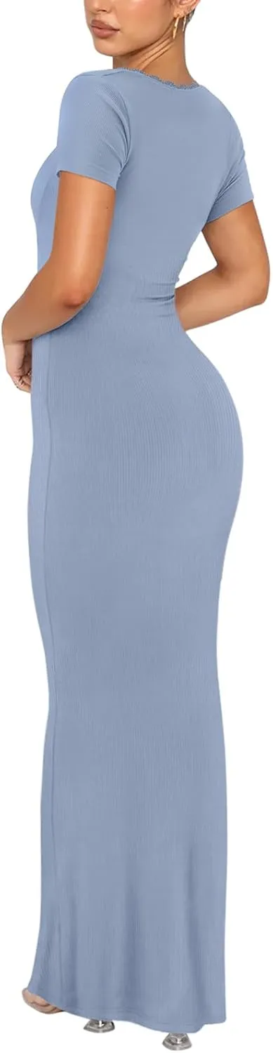REORIA Womens Summer Square Neck Short Sleeve Long Dress Formal Wedding Guest Elegant Ribbed Bodycon Maxi Dresses