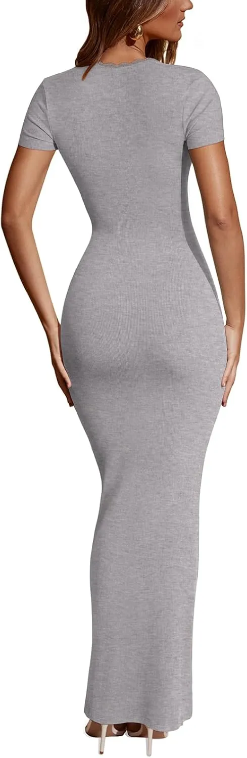 REORIA Womens Summer Square Neck Short Sleeve Long Dress Formal Wedding Guest Elegant Ribbed Bodycon Maxi Dresses