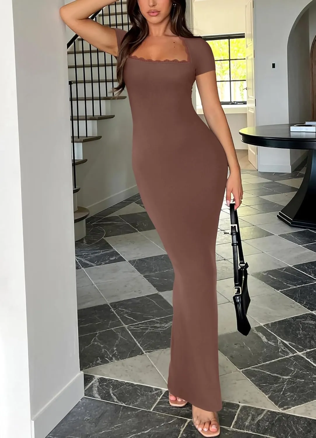 REORIA Womens Summer Square Neck Short Sleeve Long Dress Formal Wedding Guest Elegant Ribbed Bodycon Maxi Dresses